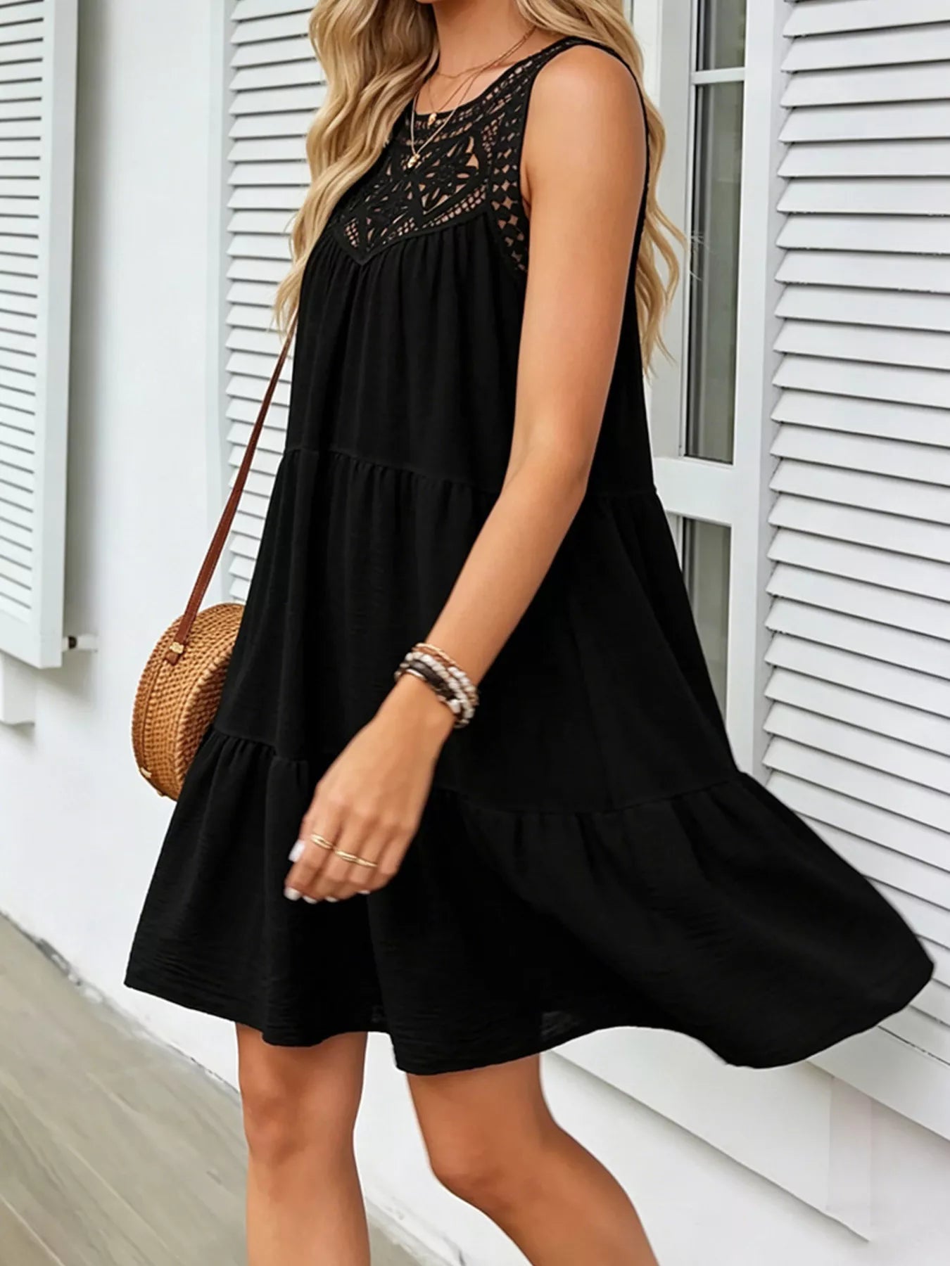 Lace detail sleeveless dress by Plush Fashion Hub featuring elegant design and stylish fit, perfect for formal or casual occasions.