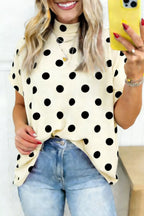 Polka dot print high neck dolman top in black and white from Plush Fashion Hub, showcasing draped long sleeves and stylish design.