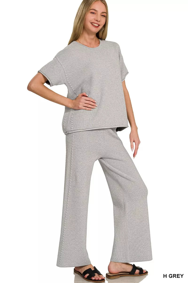Zenana viscose round neck top and pants set in soft fabric, casual stylish outfit with matching top and wide-leg pants.