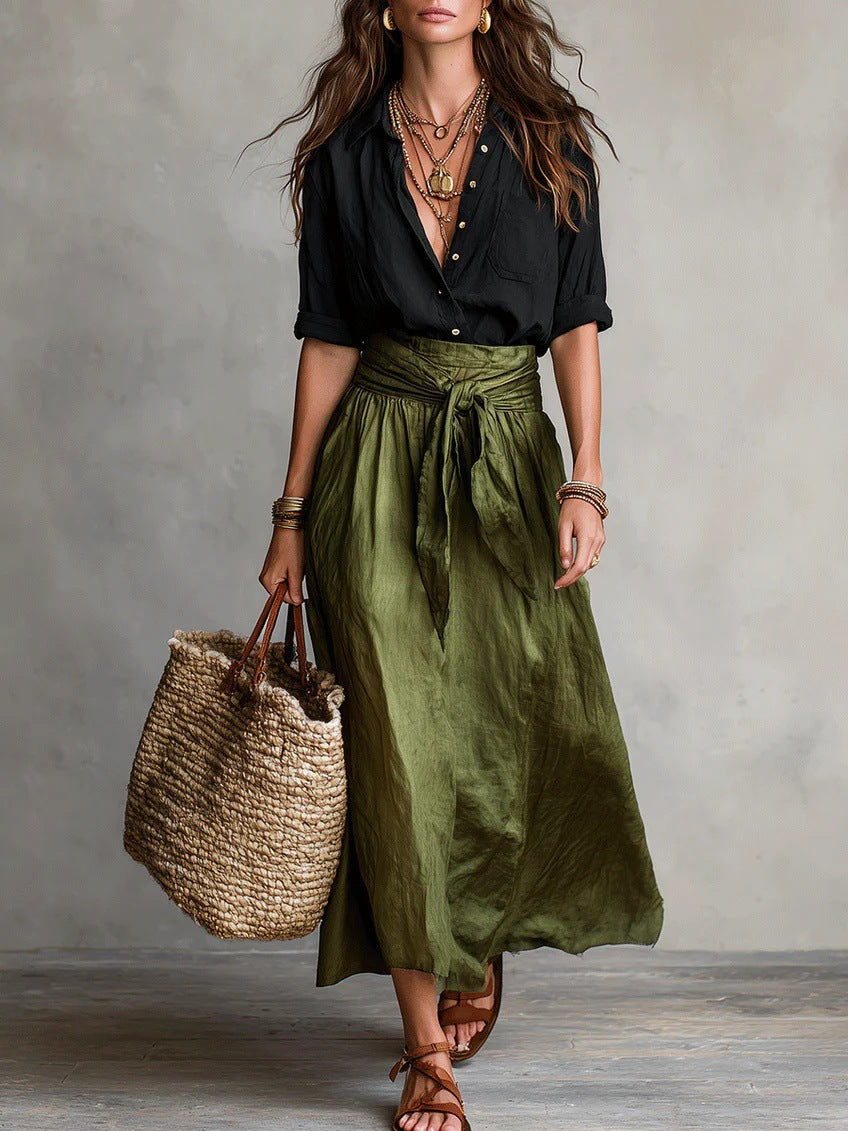 FitiqueFit button-down shirt and straight skirt two-piece set, shown in a coordinated outfit with neutral fabric and tailored fit.