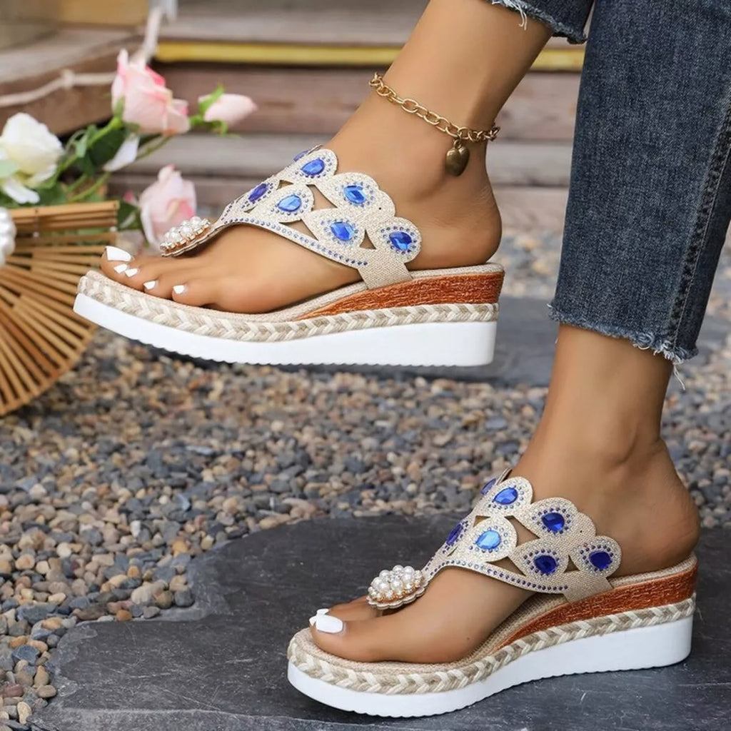 Shopimist toe post wedge sandals featuring a woven strap design and cork wedge heel, perfect for casual summer wear.