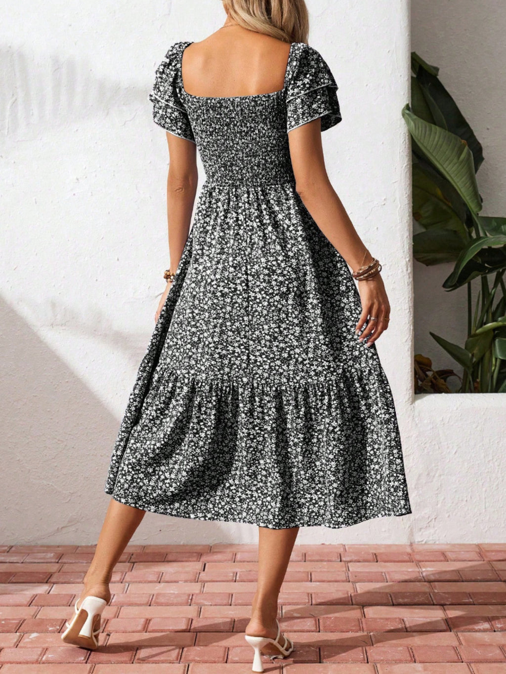 Floral print smocked ruffle sleeve midi dress by Trendsi, lightweight summer dress with feminine ruffle details and midi length.