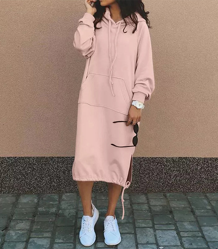 Women's casual long sleeve hooded sweater with pocket and drawstring by Plush Fashion Hub, shown in a relaxed fit with cozy fabric.