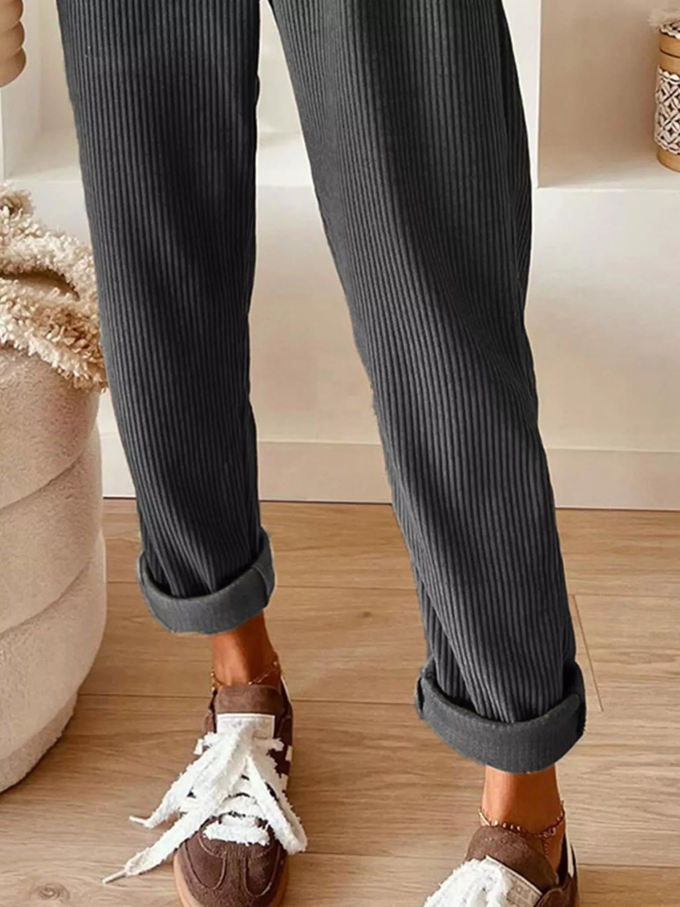 Simply Love casual corduroy drawstring waist pants featuring a relaxed fit and stylish design, shown in a neutral color.