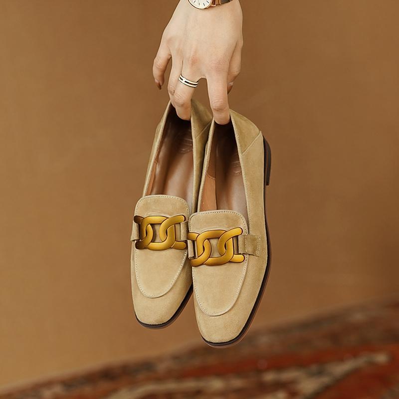 Women's retro suede loafers with metal buckle, platform chunky heel, slip-on design from Plush Fashion Hub.