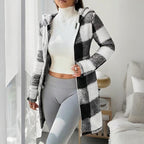 Plaid Hooded Sherpa-Lined Long Coat with Pockets
