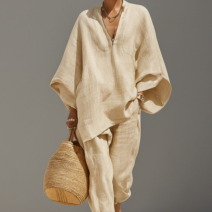 Casual women's loose shirt and cropped pants two-piece set by Plush Fashion Hub, vintage-inspired casualwear ensemble.