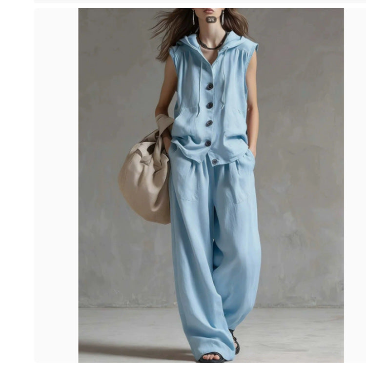 FitiqueFit sleeveless hooded top and wide-leg pants set, high-waist casualwear, shown in a stylish two-piece outfit.