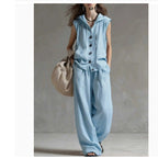 FitiqueFit sleeveless hooded top and wide-leg pants set, high-waist casualwear, shown in a stylish two-piece outfit.