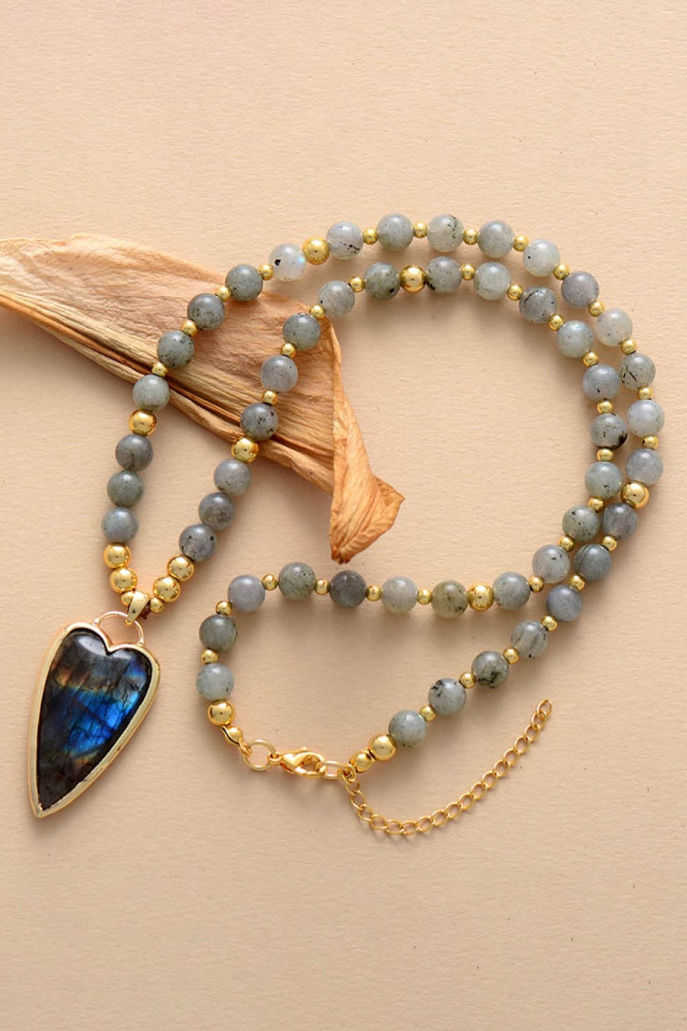 Natural stone pendant beaded necklace with colorful stones and adjustable cord, crafted by Plush Fashion Hub.