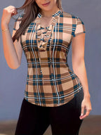 Plaid lace-up short sleeve blouse by Shopimist featuring a stylish design and casual fit, shown in the product image.