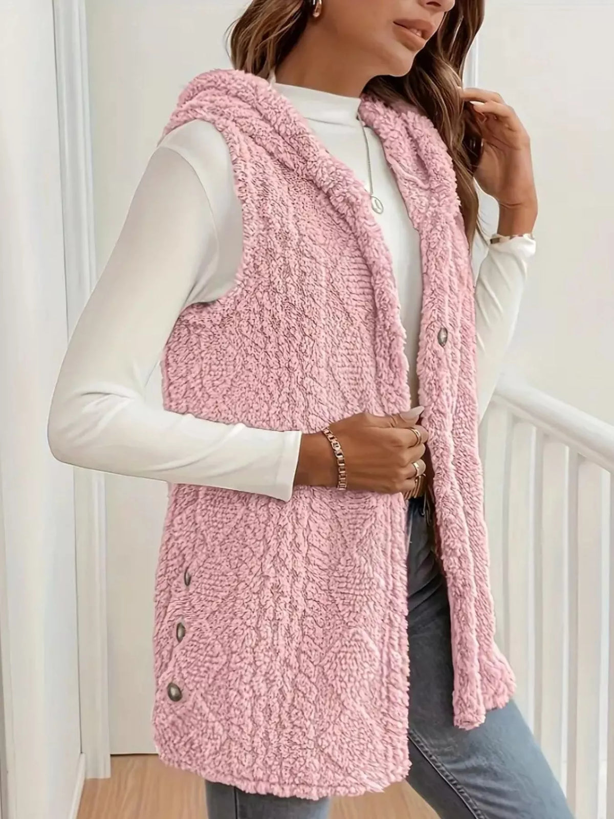 Simply Love hooded button-up sherpa vest coat with cozy fleece lining and front pockets, ideal for cold weather.