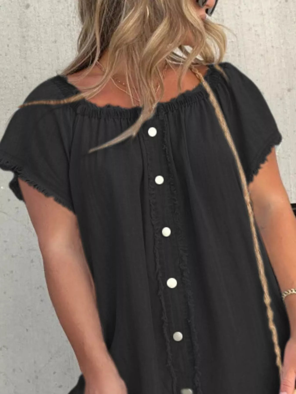 Plus size off-shoulder denim dress with frayed hem and button-down front, featuring a trendy, casual style from Trendsi.