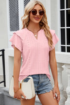 Trendsi eyelet notched flutter sleeve T-shirt featuring stylish flutter sleeves and eyelet details, casual top for everyday wear.