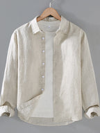 Plus size men's button-up long sleeve shirt by Shopimist, displayed on a hanger showing front view and classic collar.