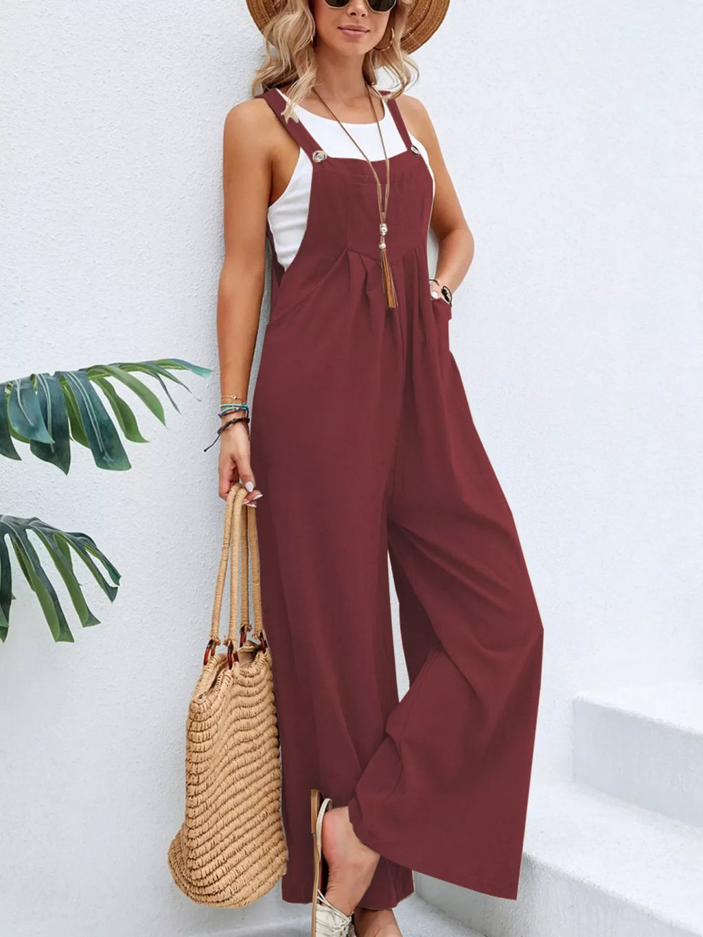 Plus size Shopimist casual wide-leg jumpsuit with pockets, full-length overalls, featuring a relaxed fit and comfortable style.