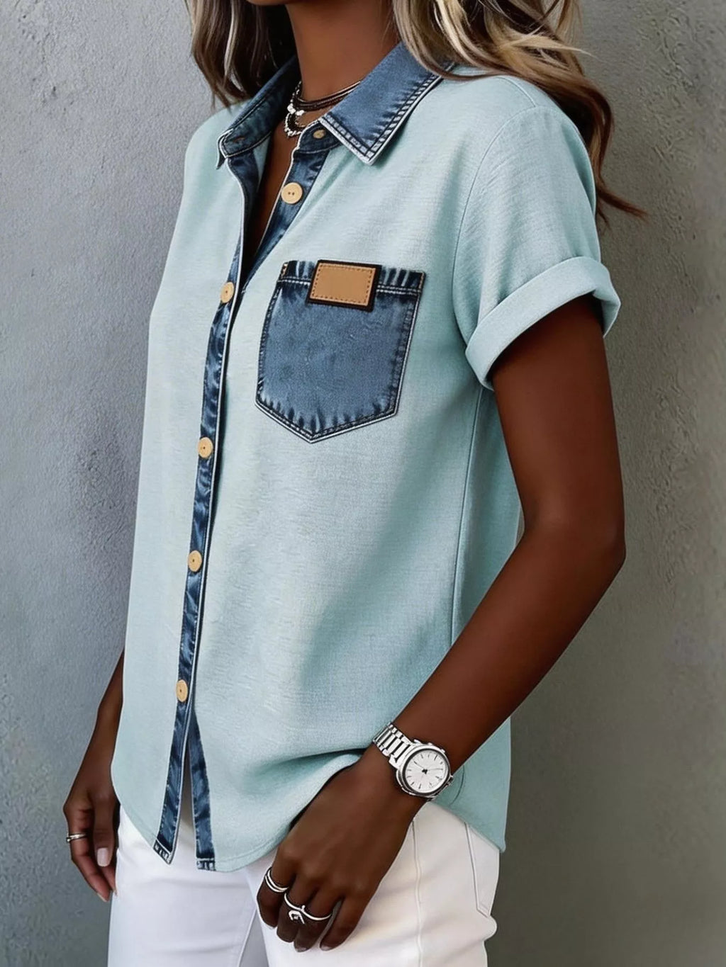 Plush Fashion Hub denim trim short sleeve shirt, casual top with denim accents, lightweight fabric, and classic collar.