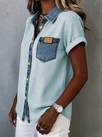 Plush Fashion Hub denim trim short sleeve shirt, casual top with denim accents, lightweight fabric, and classic collar.