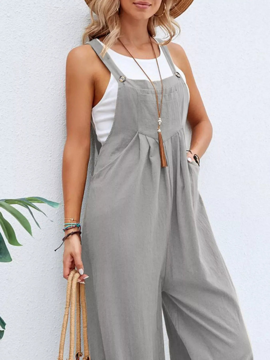 Plus size Shopimist casual wide-leg jumpsuit with pockets, full-length overalls, comfortable and stylish for everyday wear.