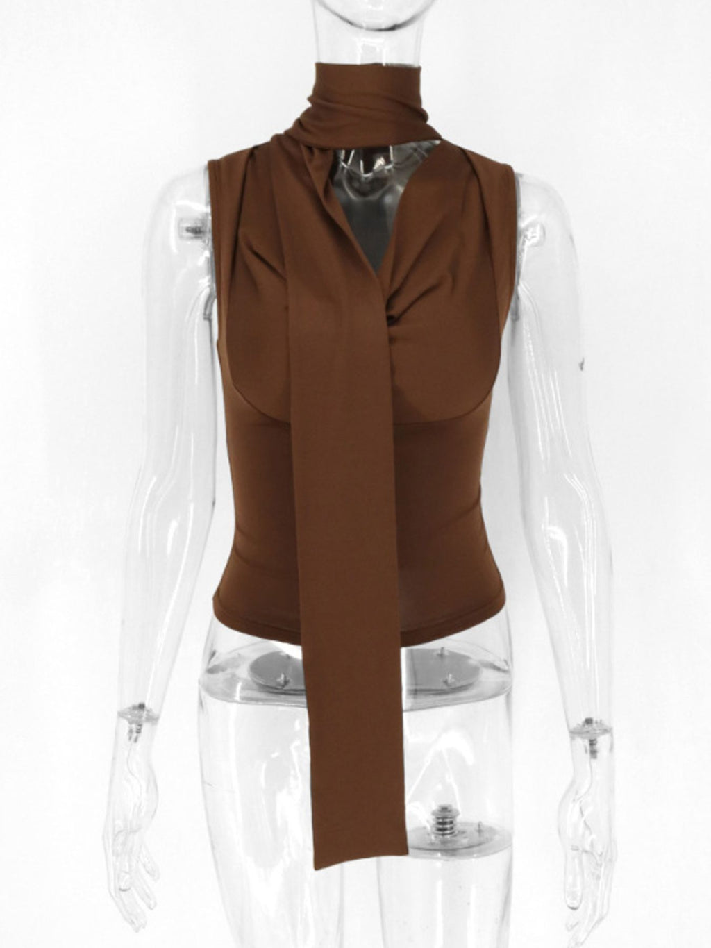 Satin-feel sleeveless cowl neck blouse with ruched details, versatile fashion top in a stylish, elegant design.