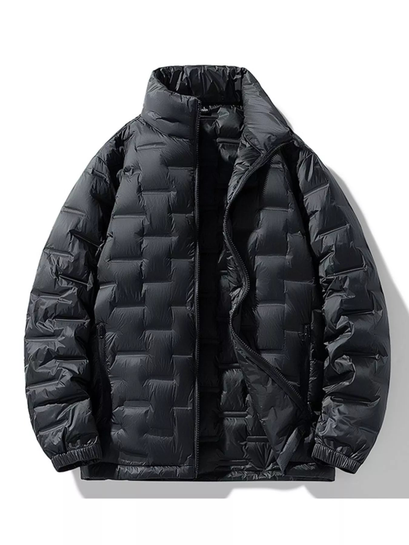 Men's full-size padded quilted winter puffer jacket by Shopimist, showing the insulated, quilted design and zipper closure.