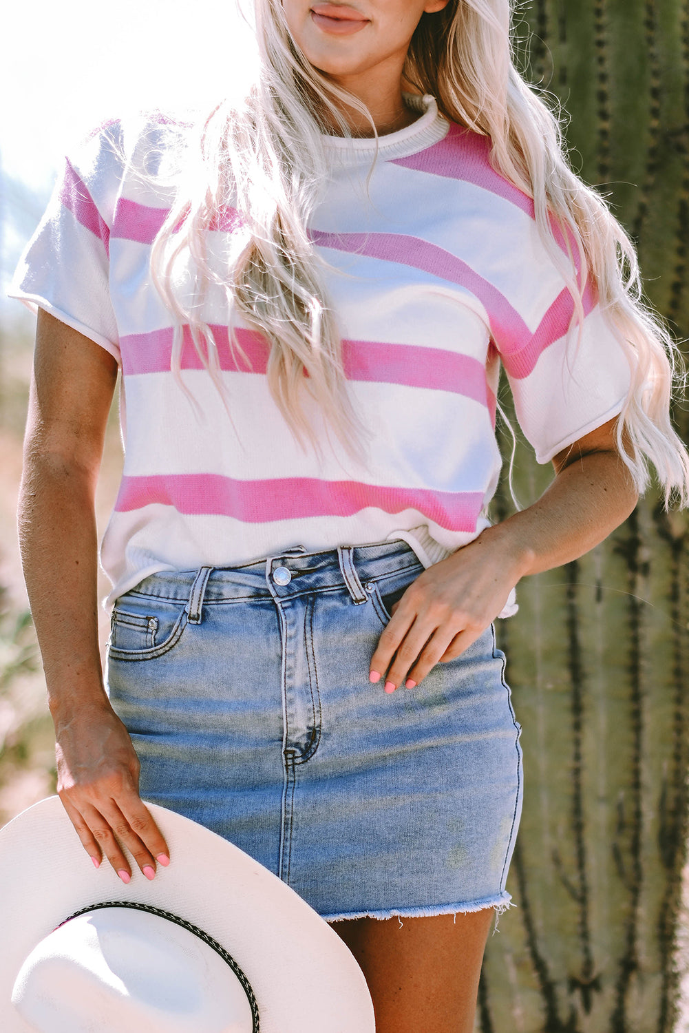 Lightweight summer short sleeve knitted top by Threaded Pear, featuring a breathable, stylish design ideal for warm weather.