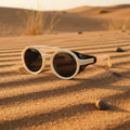 Retro round leather frame sunglasses by FitiqueFit featuring vintage style eyewear with classic leather accents and round lenses.