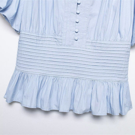 Women's slim-fit puff-sleeve blouse with ruffle trim, casualwear from FitiqueFit, featuring elegant design and lightweight fabric.