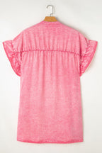 VYSN ruffled short sleeve denim mini dress with button front, stylish and casual fashion perfect for warm weather.