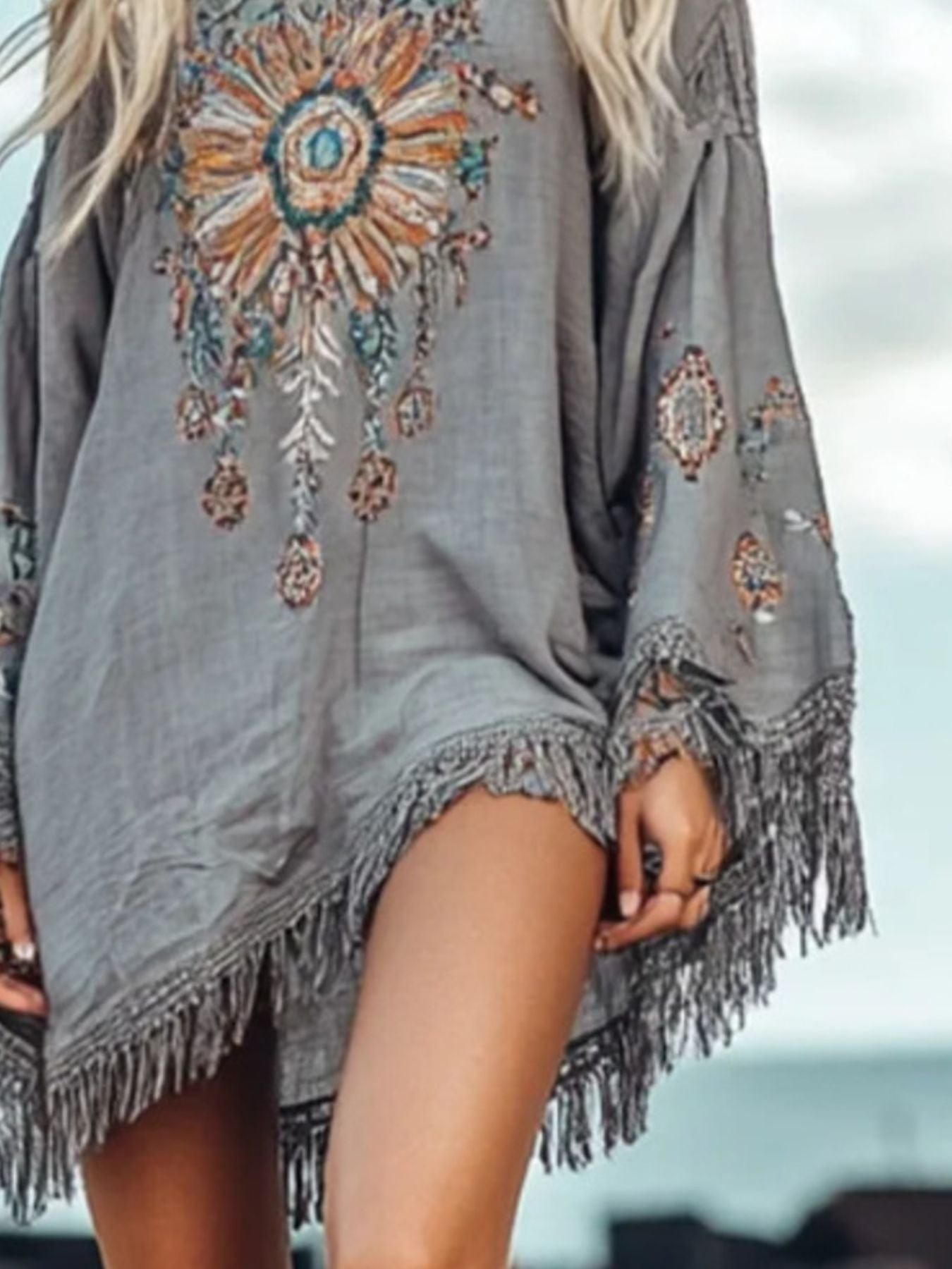 Trendsi chic fringe hem long sleeve mini dress, elegant cocktail party wear with stylish design and flowing silhouette.