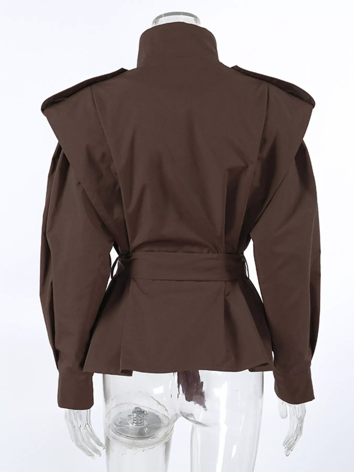Trendsi stand-collar belted outerwear jacket with button closure and side pockets, stylish and warm for cold weather.