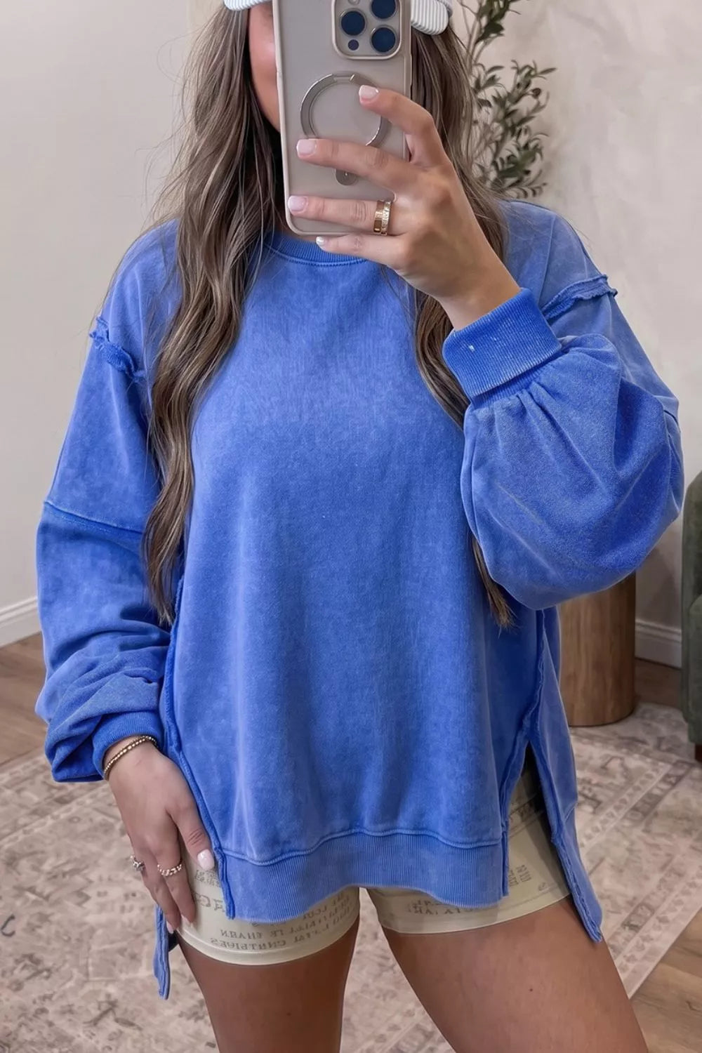 Mineral Wash Split Hem Loose Tunic Sweatshirt by Trendsi, soft sweater with relaxed fit and casual style, featuring a split hem detail.