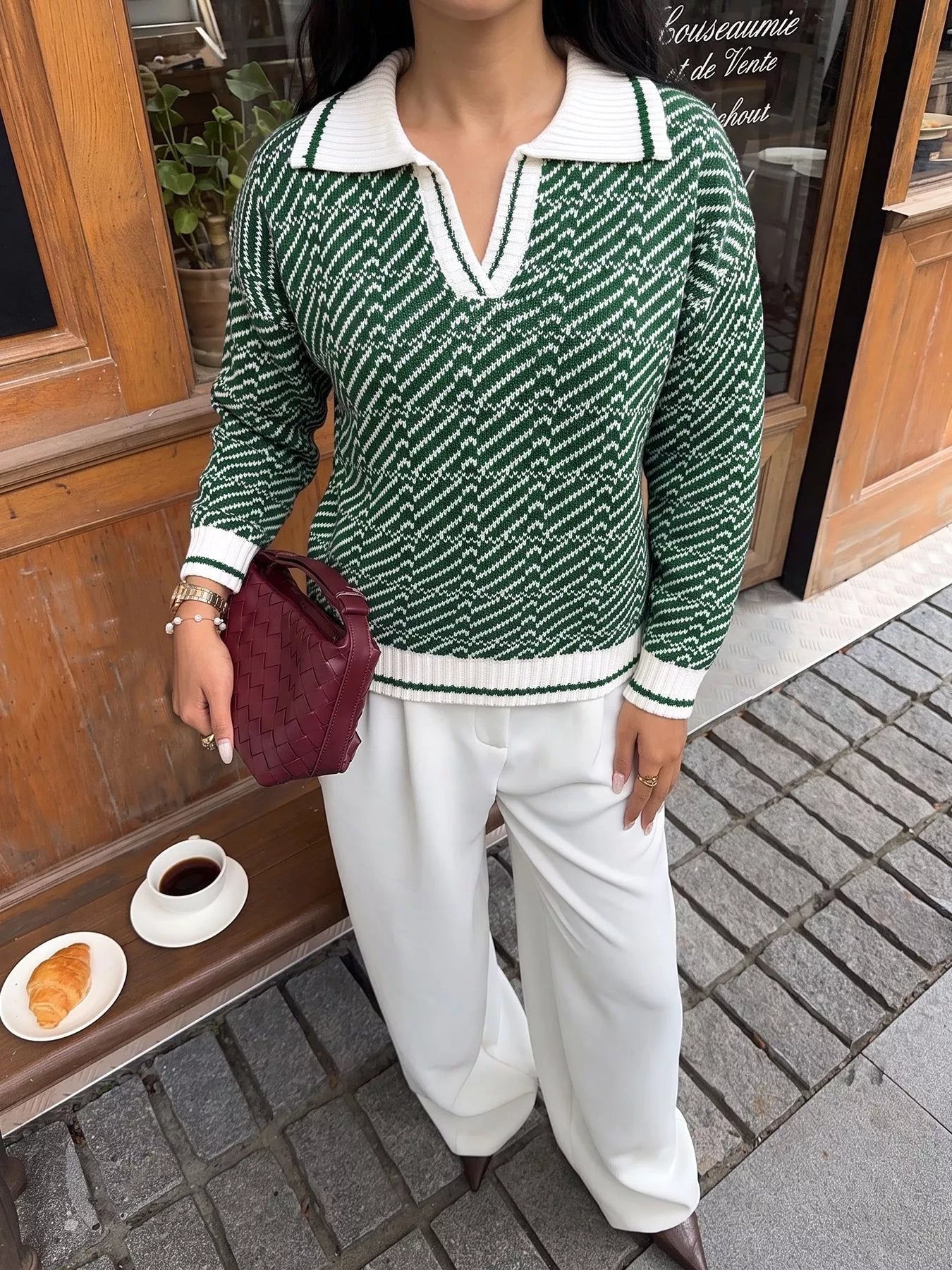 Plush Fashion Hub geometric patterned collared sweater featuring a stylish design and cozy knit fabric.