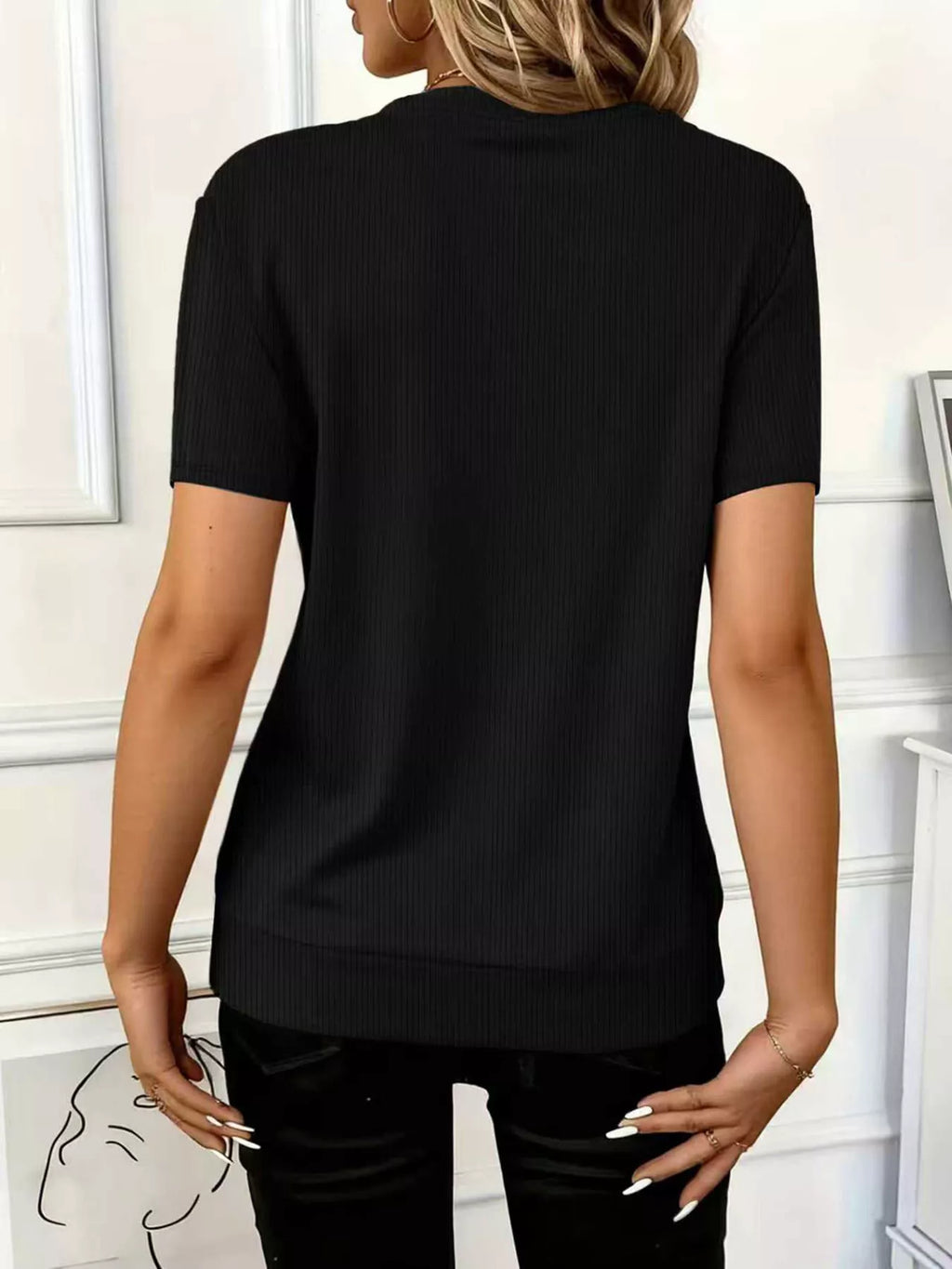 Women's ribbed short sleeve pullover top with half zip from Trendsi, made of soft stretch fabric, casual and comfortable for everyday wear.