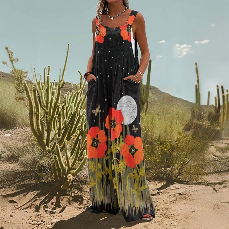 Women’s square-neck floral sleeveless jumpsuit by Plush Fashion Hub, casualwear with a fitted waist and floral print.