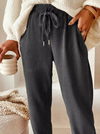 Light brown casual corduroy pants with drawstring waist from Simply Love, featuring a relaxed fit and textured fabric.