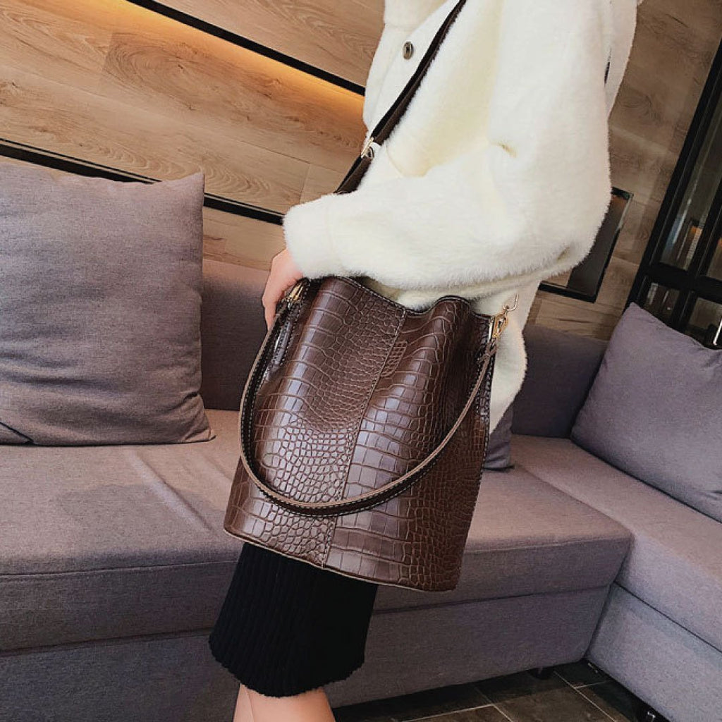 Chocolate crocodile leather Blake shoulder bag by LadyShow.Store with adjustable strap and elegant design.