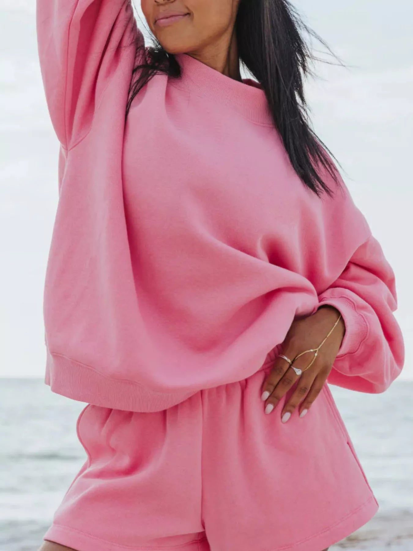 Plush Fashion Hub relaxed fit round neck sweatshirt and shorts set, casual 2-piece loungewear in soft fabric with neutral tones.