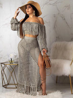 Plus size crochet off-shoulder fringe top and skirt set by Shopimist, featuring a stylish two-piece crochet fashion ensemble.