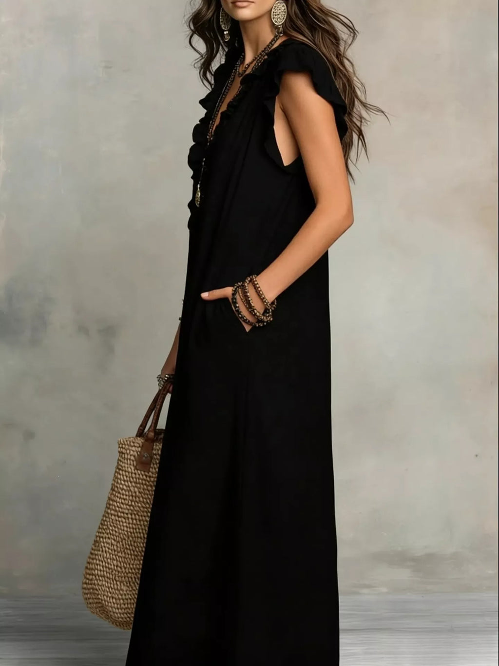 Plus size ruffled V-neck cap sleeve maxi dress by Plush Fashion Hub, full-length flowy dress with ruffle details and a flattering V-neck.