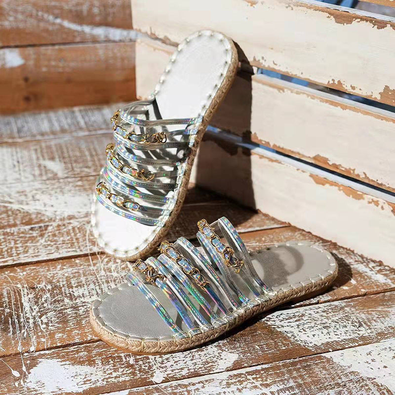Large size women's straw sandals with hemp rope thick bottom, rhinestones, and plush fashion style.