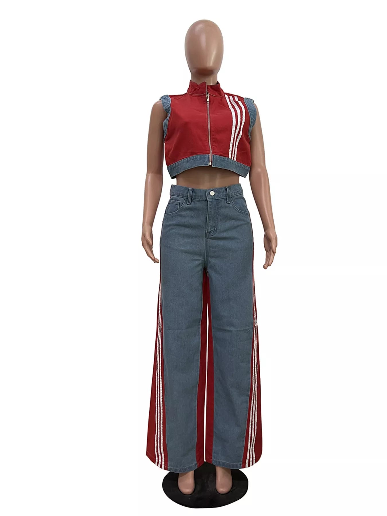 Zip front crop top and striped pants set by Shopimist, featuring a stylish crop top with a zip closure and matching striped pants.