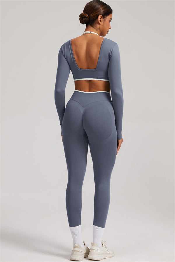 Fitglutes Activewear long sleeve crop top and leggings 2-piece set, stylish gymwear and workout clothes in vibrant colors.