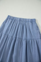 Elastic Waist Ruffled Tiered Flared Denim Maxi Skirt
