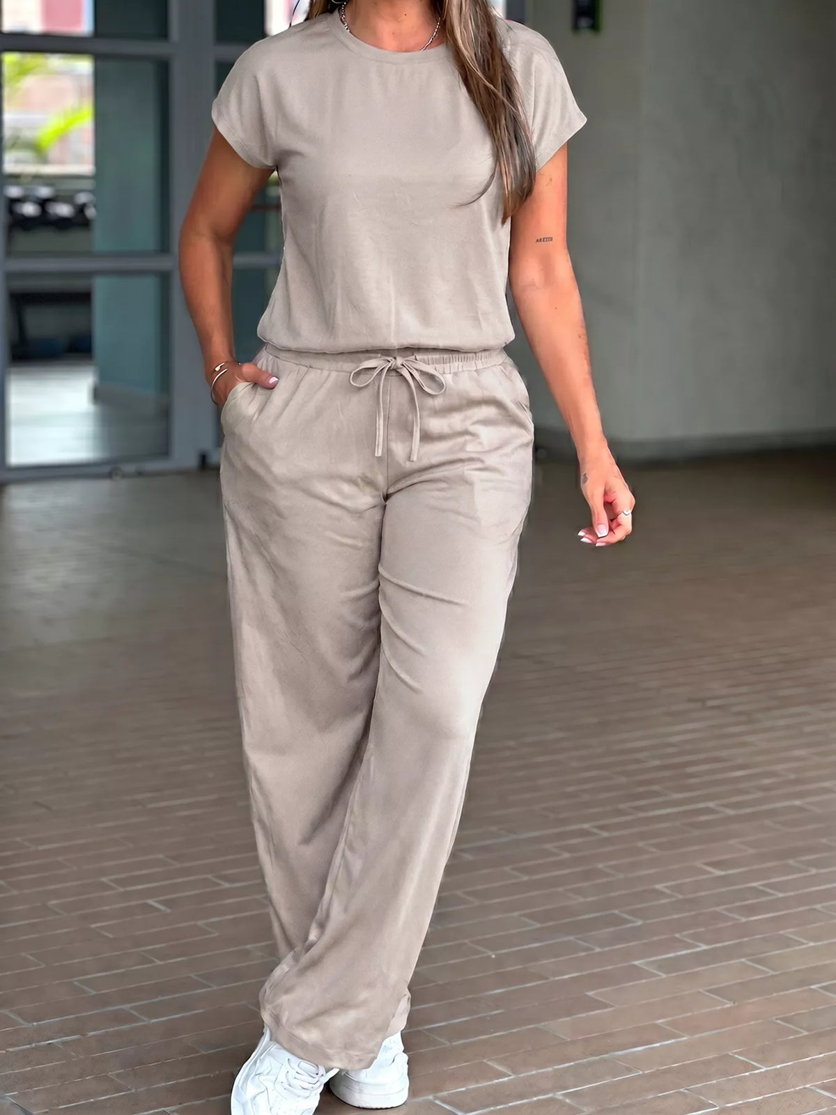 Plush Fashion Hub plush loungewear set with round neck tee and drawstring pants, soft and comfortable for relaxation.