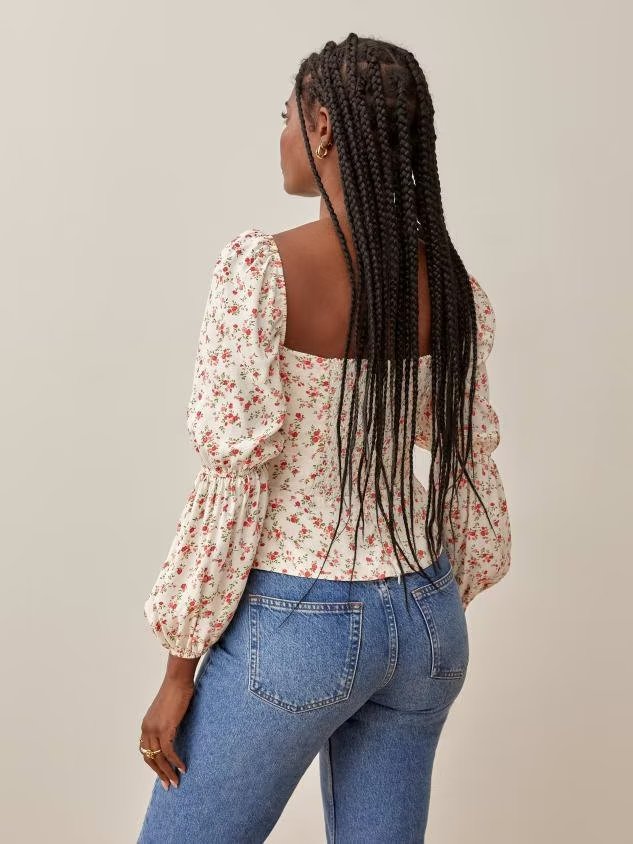 Spring Summer Women Clothing Retro Printed Fastener Decoration Long Sleeve Shirt Bella Mia