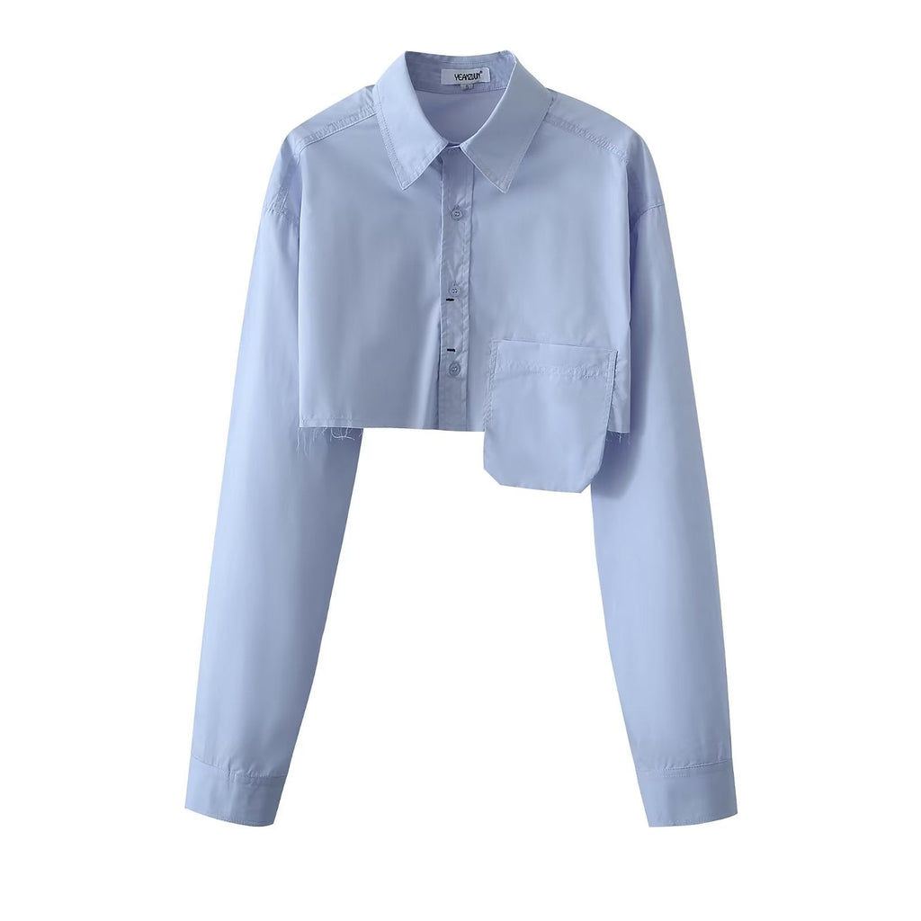 Bella Mia multicolor autumn bell sleeve pullover with collar and pocket, in blue solid color, perfect for office or casual wear.