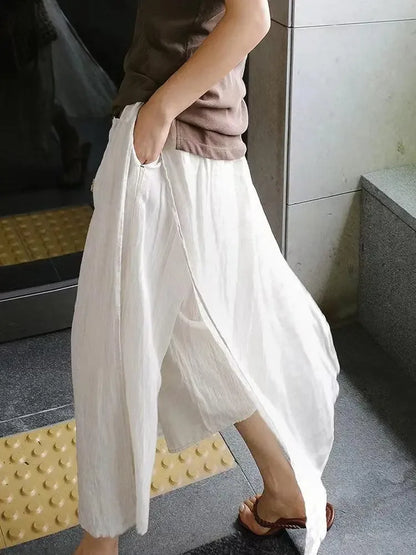 100% Linen Cotton Wide-Leg Skirt Pants - Plush Fashion Hub