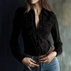 Deerskin velvet long sleeve patchwork blouse by FitiqueFit featuring retro style, with colorful patchwork and long sleeves.