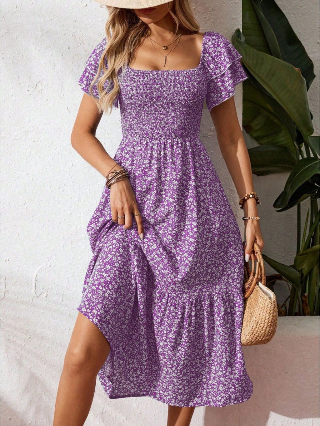 Floral print smocked ruffle sleeve midi dress by Trendsi, lightweight summer dress with feminine ruffle details and smocked bodice.
